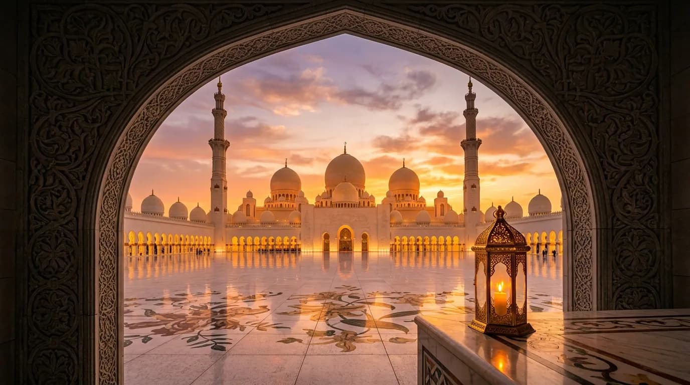 Sheikh Zayed Grand Mosque sunset with glowing Arabic lantern