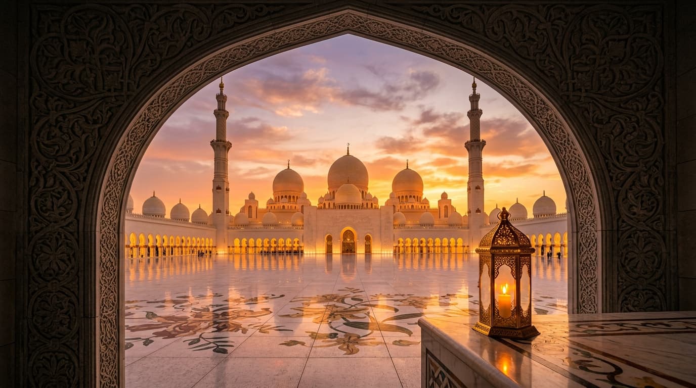 Sheikh Zayed Grand Mosque sunset with glowing Arabic lantern